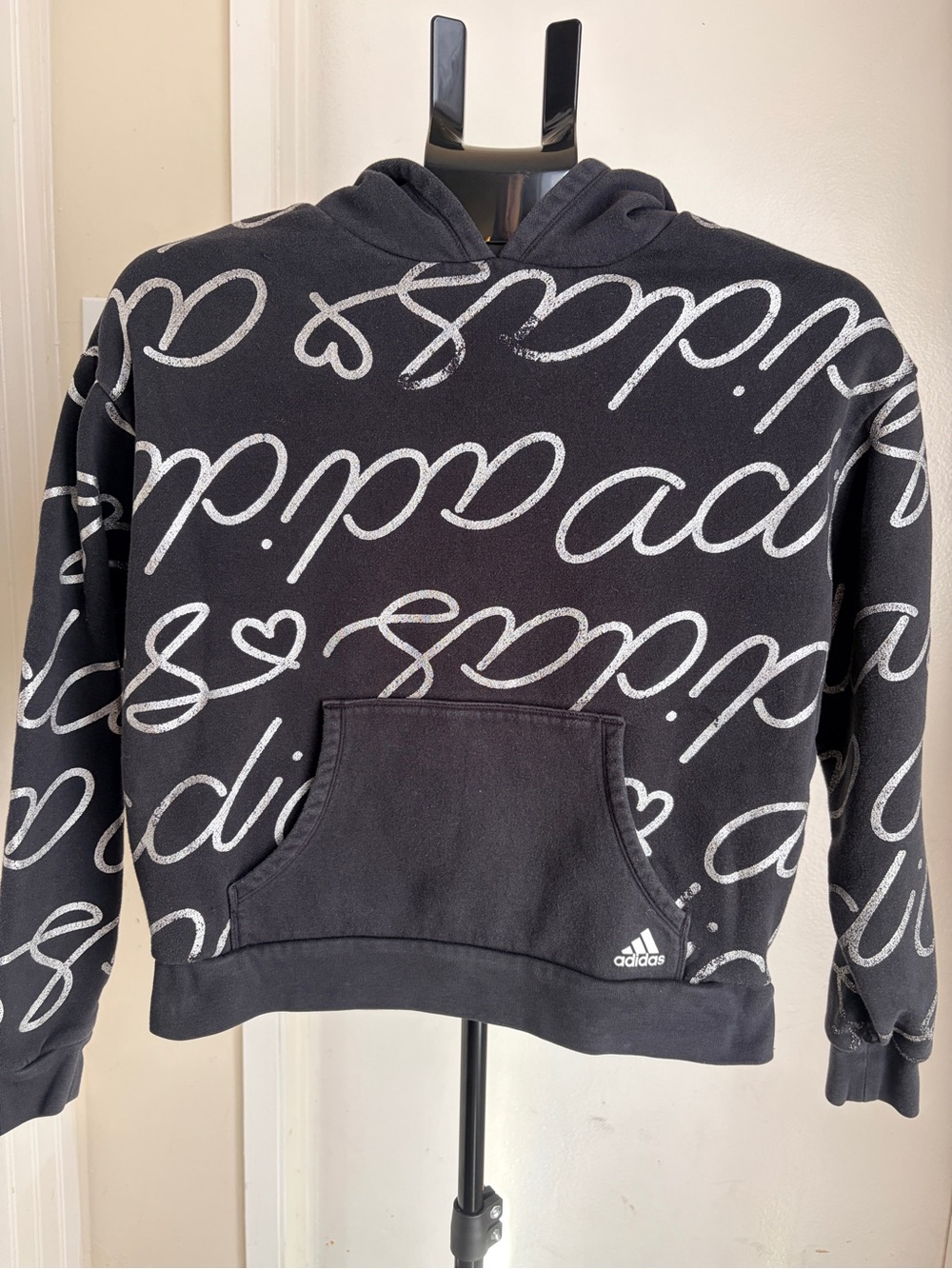 adidas Black Crewneck Hoodie with White Script Print - Girl’s XL